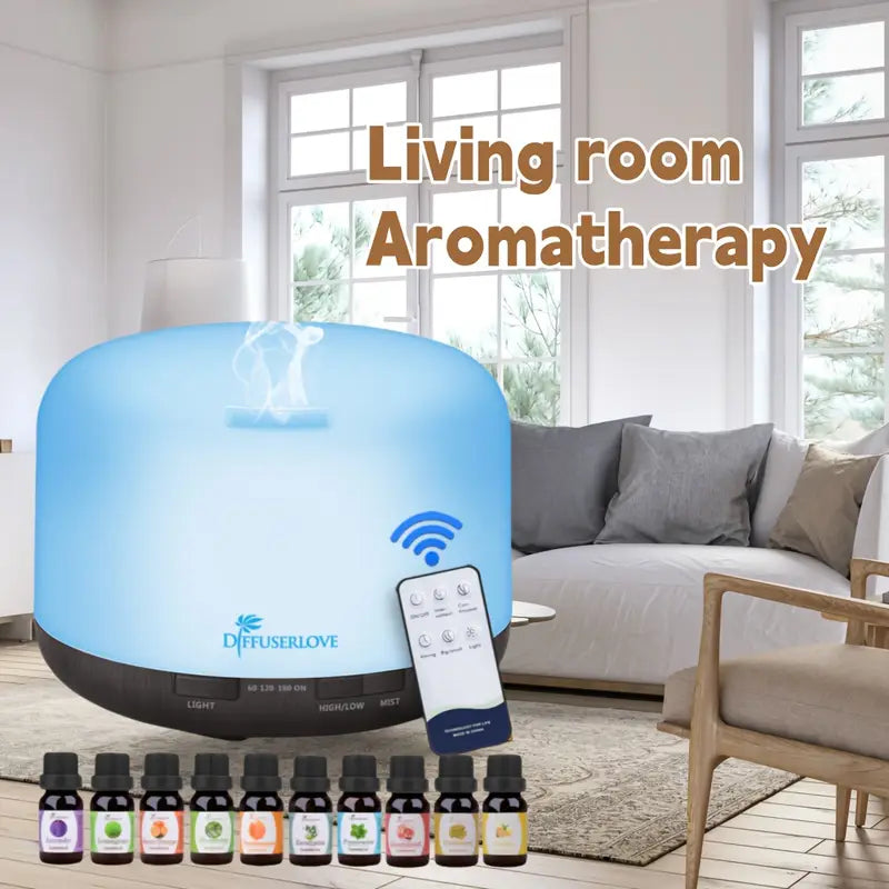 Diffuseur Diffuserlove de 500ml avec Lumière LED 7 Couleurs, Télécommande et 10 Huiles Essentielles pour Maison Bureau Chambre