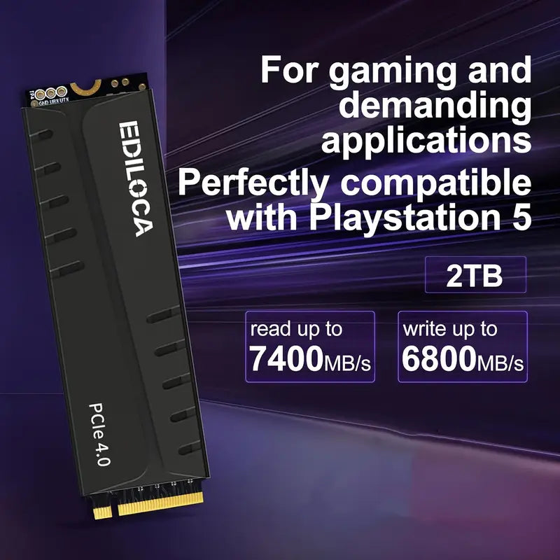 EDILOCA EN855 SSD de jeu interne avec dissipateur thermique PCIe Gen4, jusqu'à 7400 Mo/s, NVMe M.2 2280, mémoire flash 3D TLC NAND, cache DRAM configurable, compatible avec PS5 et PC