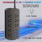 Bloc Multiprise Parasurtenseur — 8 Prises CA + 3 Ports USB | Protection 900J