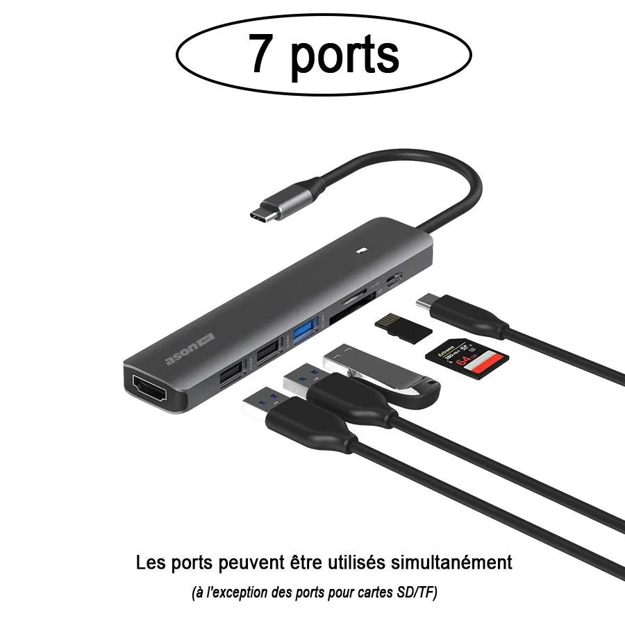 Concentrateur multiport USB-C à 3 X USB/HDMI 4K/PD/SD/Micro SD