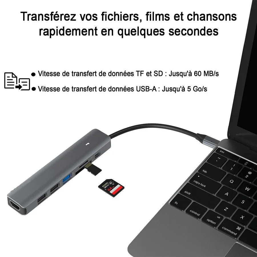 Concentrateur multiport USB-C à 3 X USB/HDMI 4K/PD/SD/Micro SD