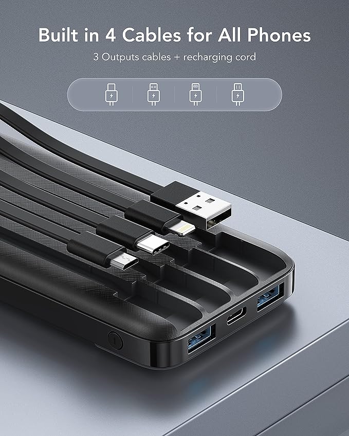 Charmast Batterie externe avec câble intégré, 10 000