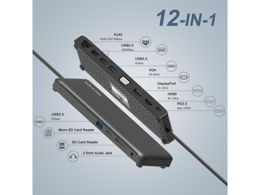 Wavlink USB C Triple Display 4K 12 en 1 MST USB C
