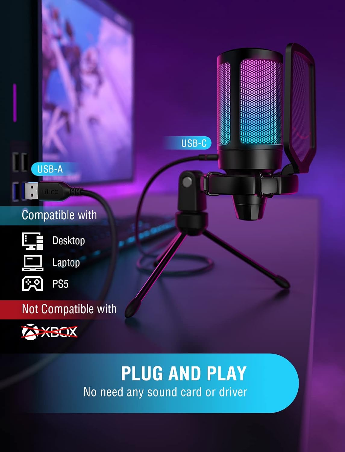 Fifine Microphone de jeu USB pour ordinateur,