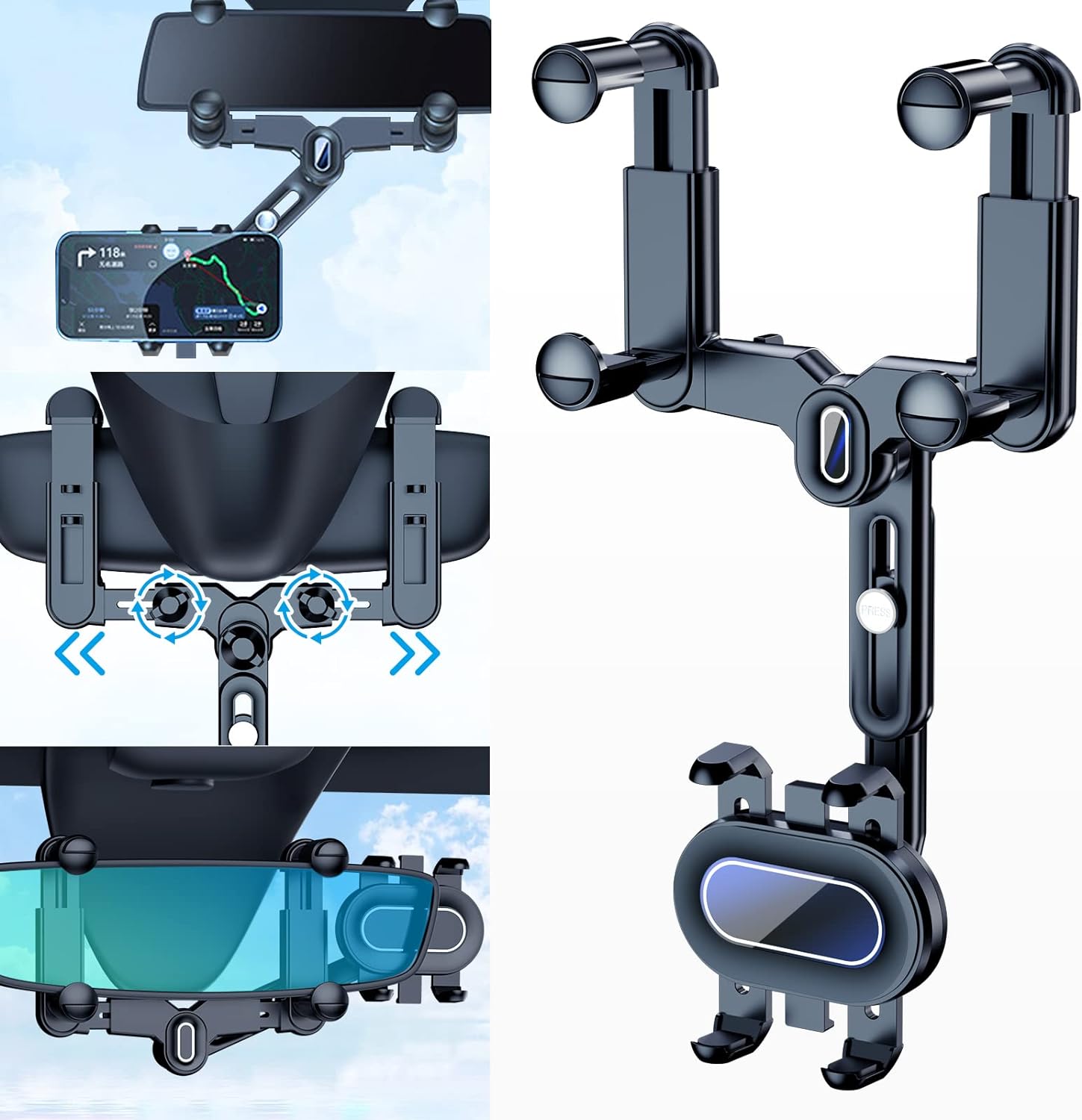 Support de téléphone pour voiture, rotatif à 360° et rétractable