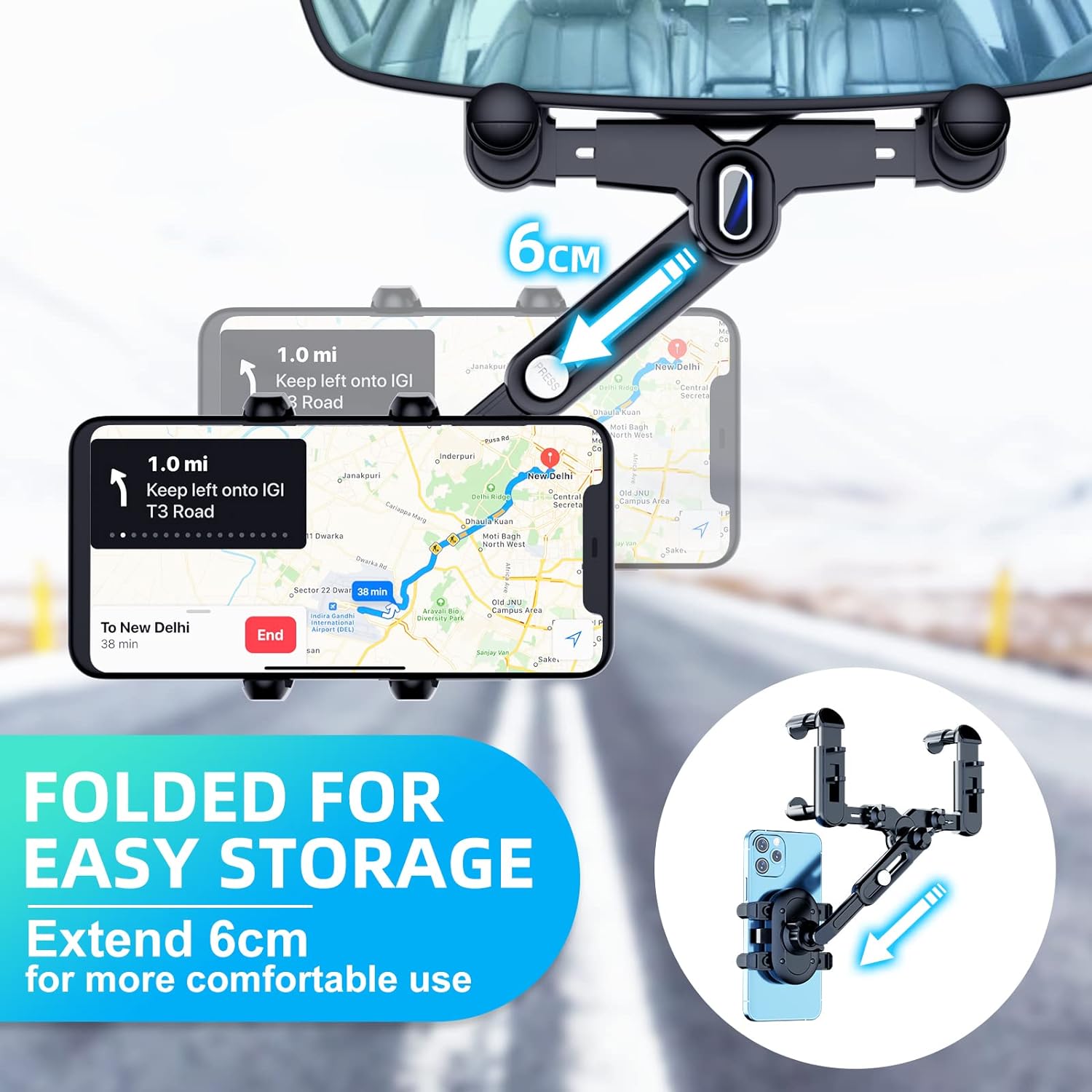 Support de téléphone pour voiture, rotatif à 360° et rétractable