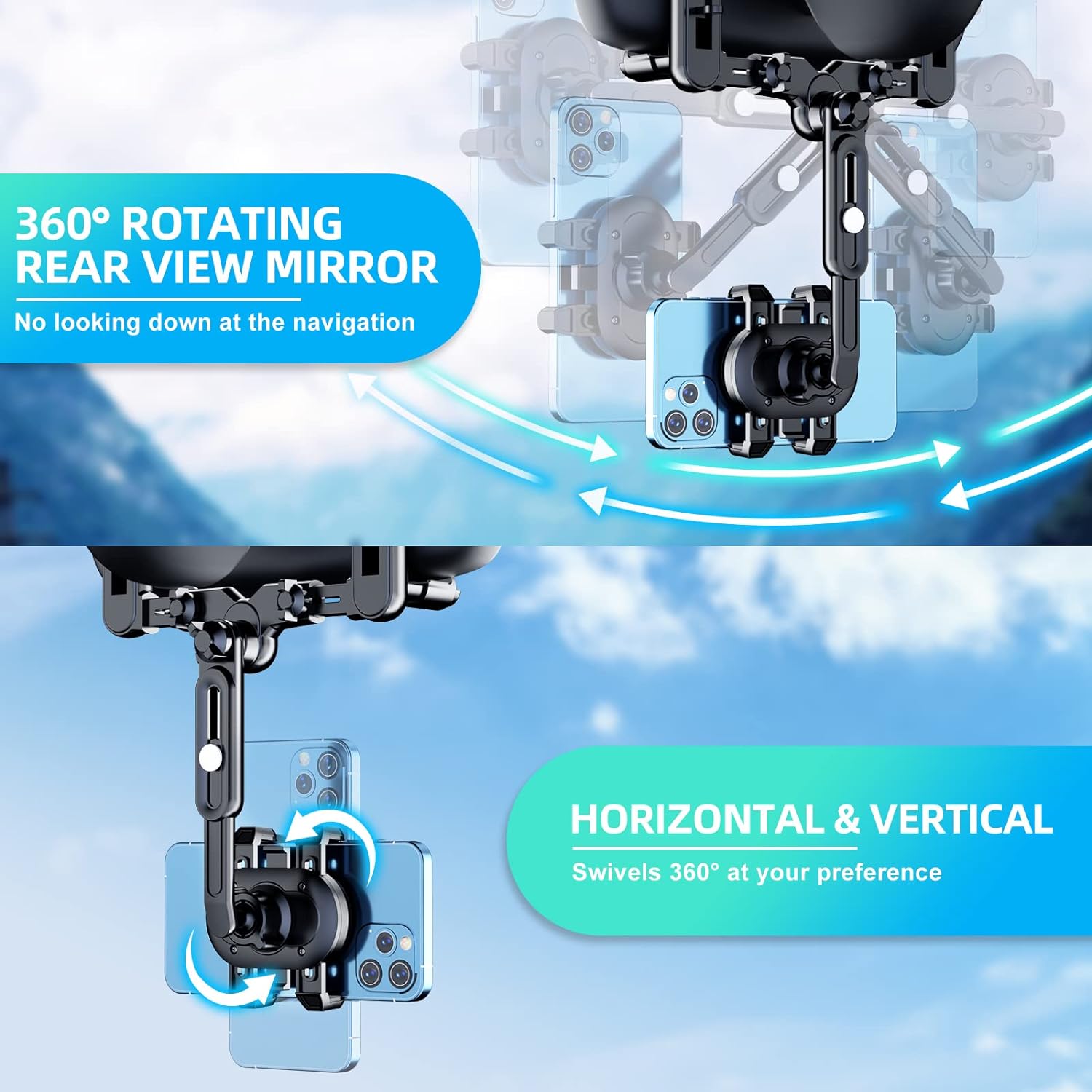 Support de téléphone pour voiture, rotatif à 360° et rétractable