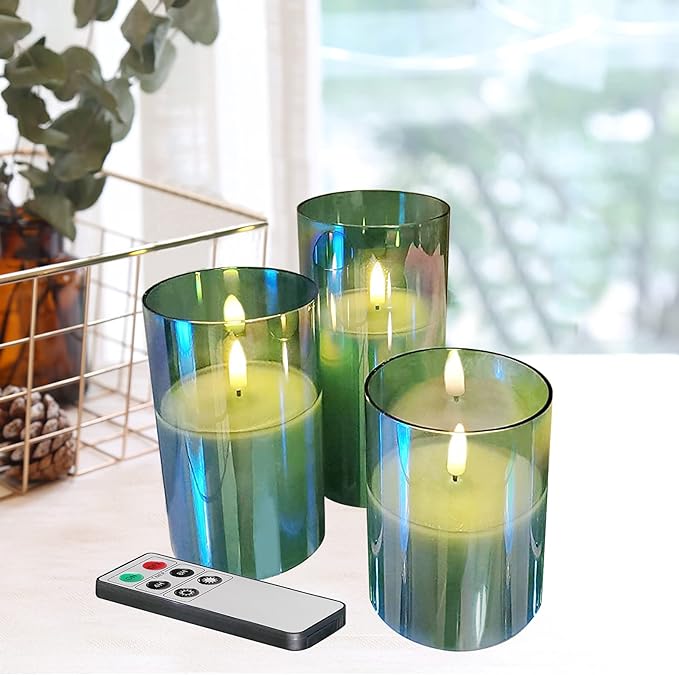 Eywamage – Lot de 3 bougies sans flamme vertes en verre