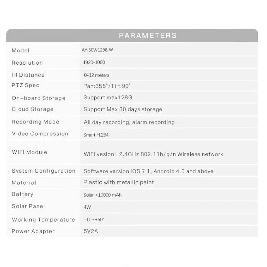 CAMÉRA DE SÉCURITÉ WI-FI 2MP PTZ À RECHARGE SOLAIRE
