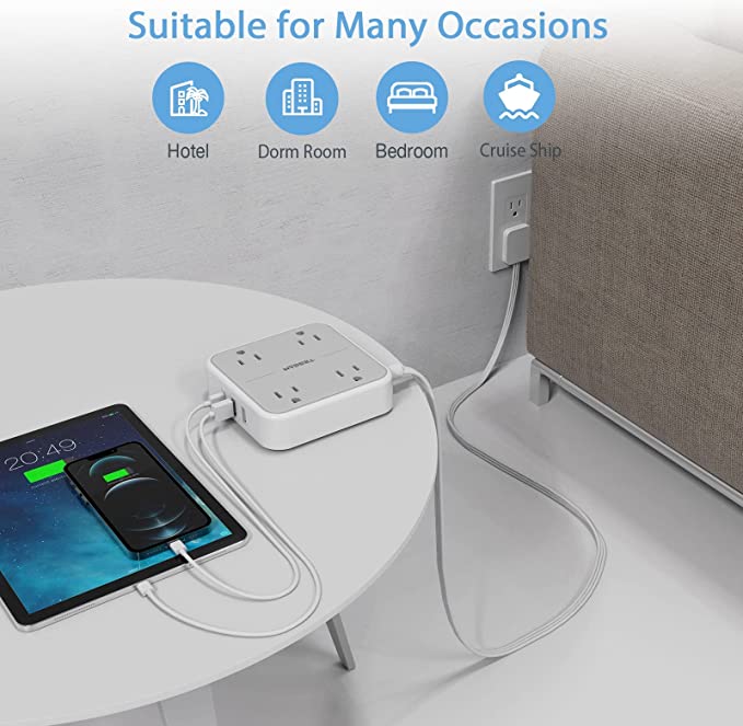 Barre d'alimentation plate avec USB C, rallonge ultra fine pour intérieur