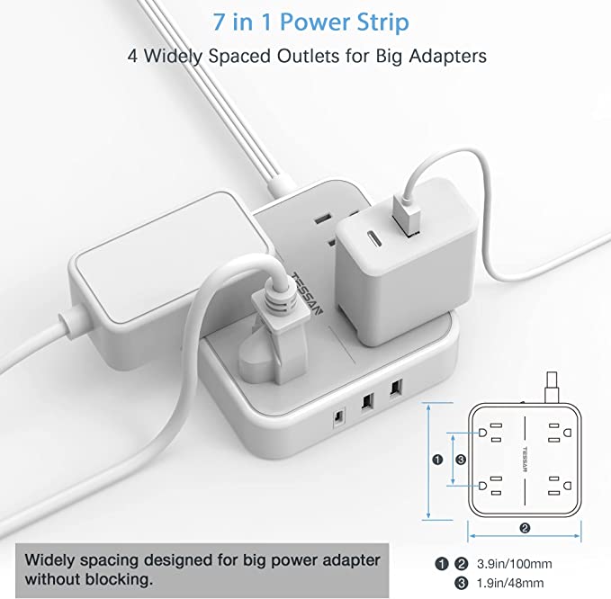 Barre d'alimentation plate avec USB C, rallonge ultra fine pour intérieur