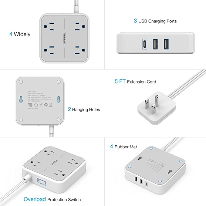 Barre d'alimentation plate avec USB C, rallonge ultra fine pour intérieur