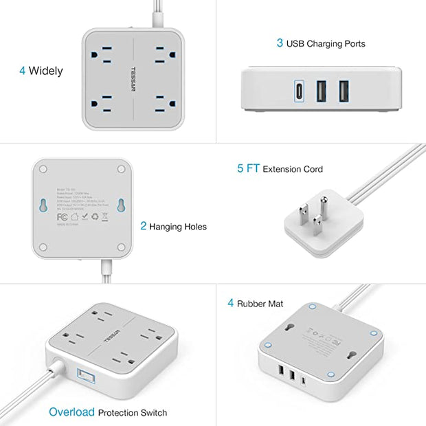 Barre d'alimentation plate avec USB C, rallonge ultra fine pour intérieur