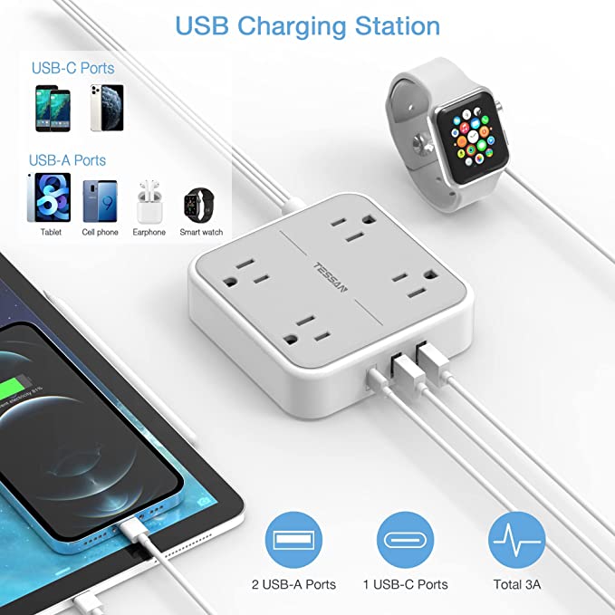 Barre d'alimentation plate avec USB C, rallonge ultra fine pour intérieur