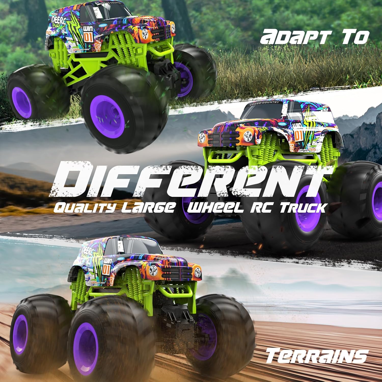 DEERC Jouet Monster Truck télécommandé tout terrain, camion RC
