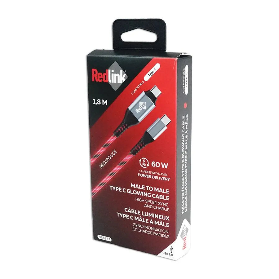Câble lumineux USB-C mâle à mâle - Rouge - 1.8m