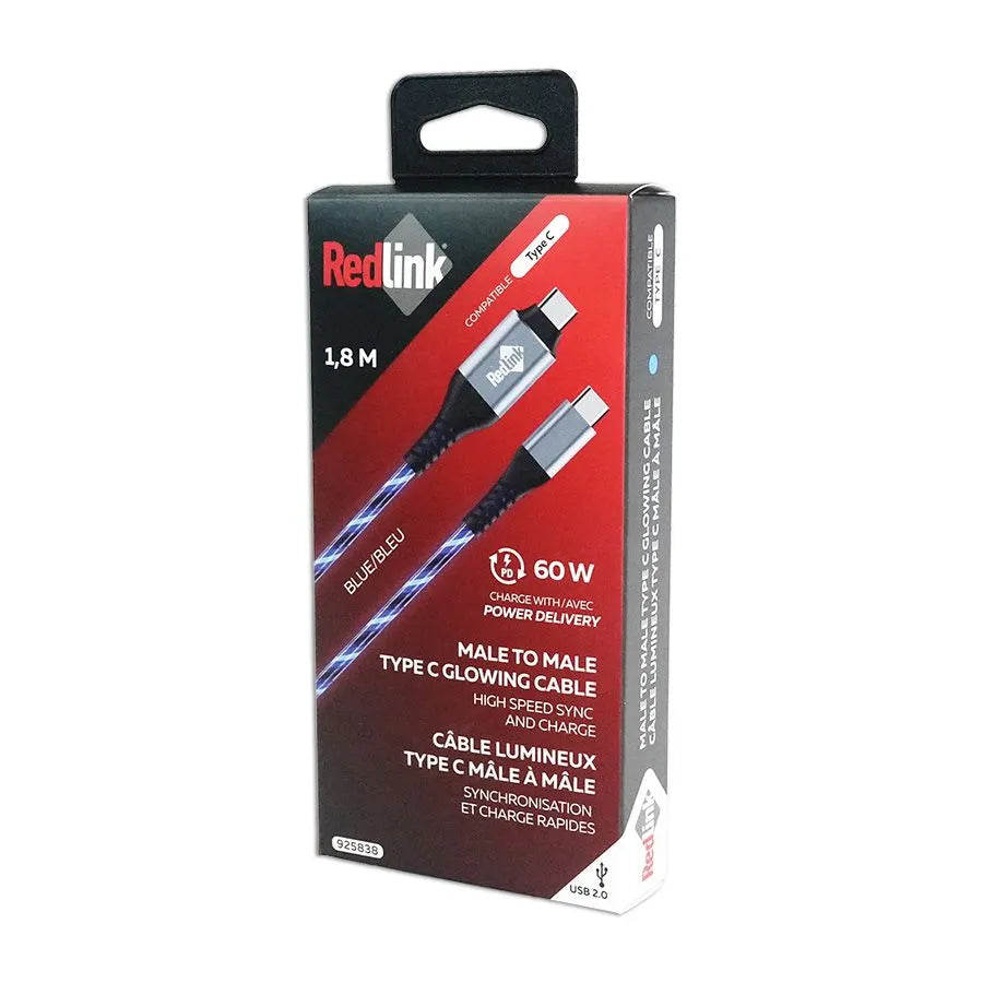 Câble lumineux USB-C mâle à mâle - Bleu - 1.8m