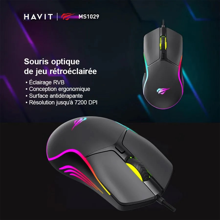 Souris optique de jeu rétroéclairée HAVIT MS1029 avec fil - 6 boutons - RVB - USB