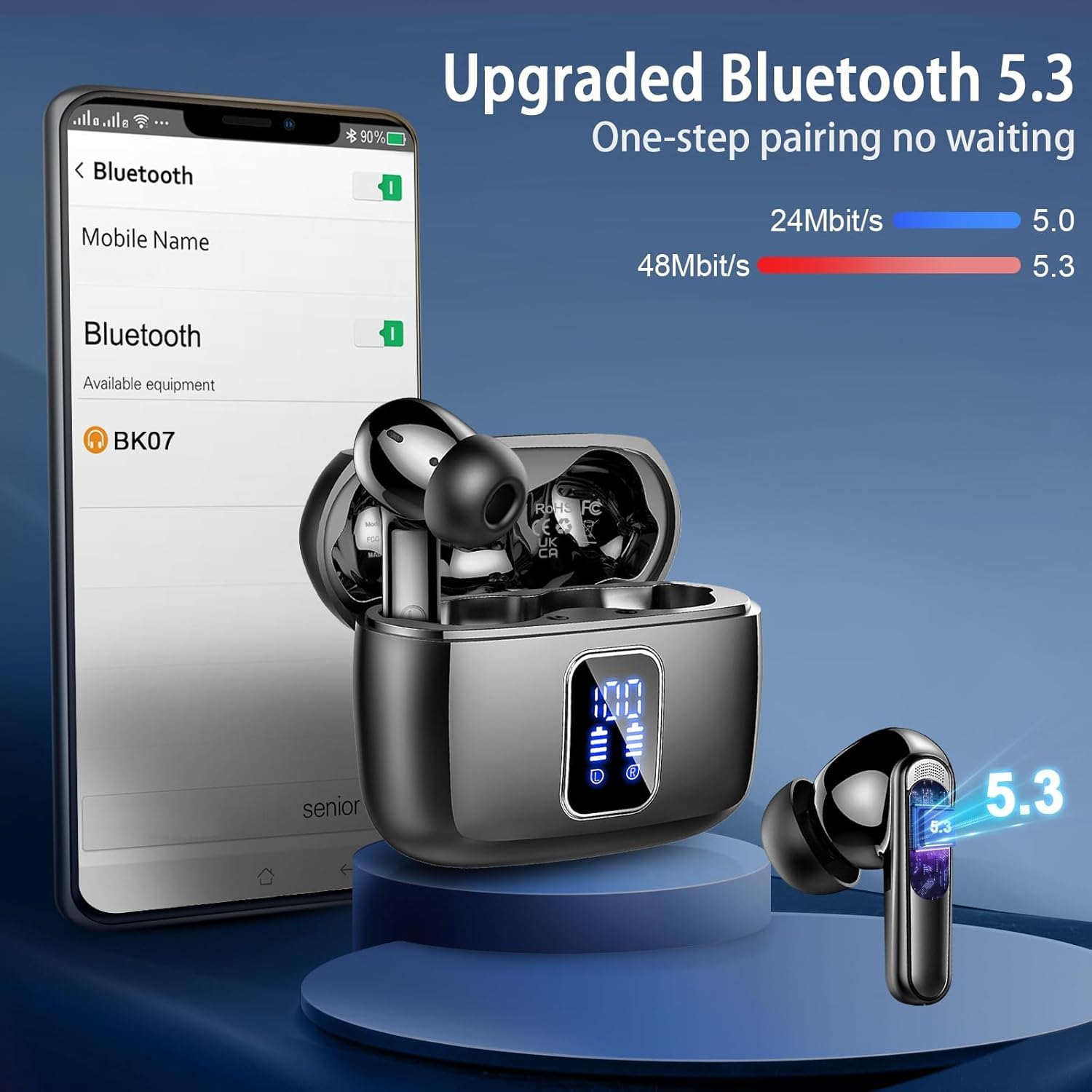 Écouteurs sans fil Bluetooth 5.3 Mini HiFi stéréo avec 4 micros