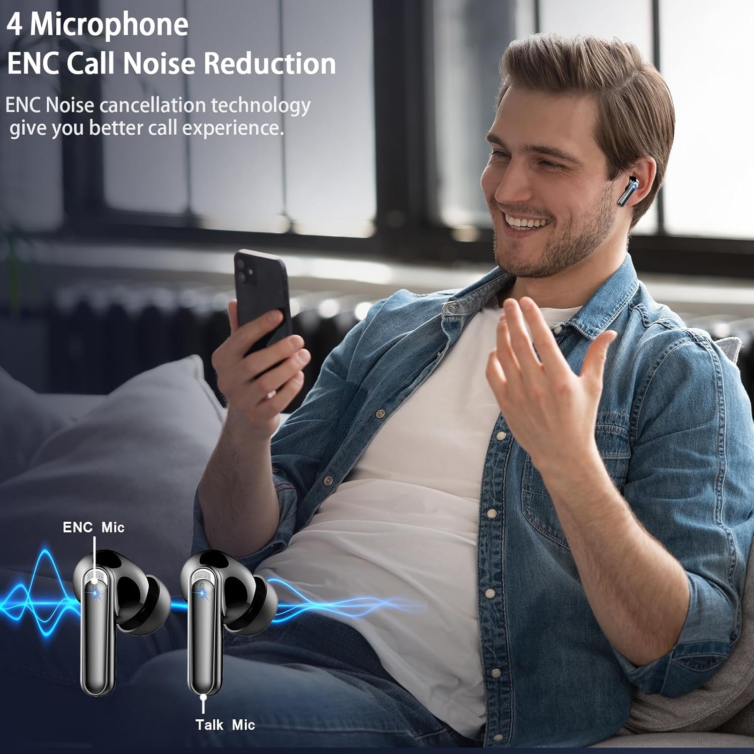 Écouteurs sans fil Bluetooth 5.3 Mini HiFi stéréo avec 4 micros