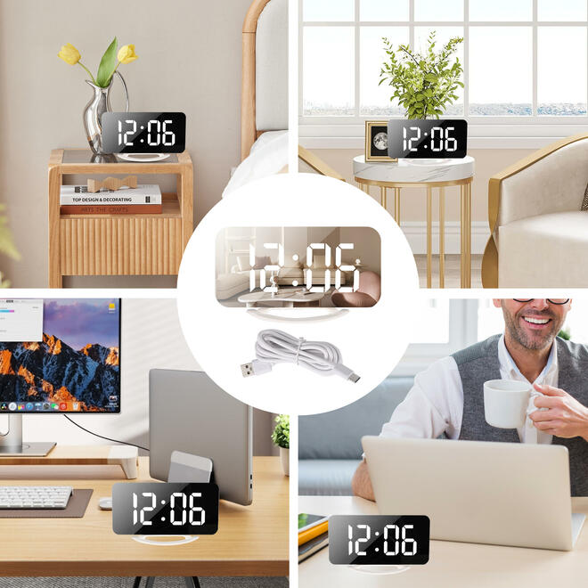 Réveil numérique, horloge de bureau LED et miroir avec grand écran