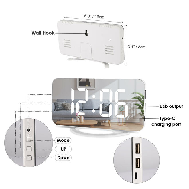 Réveil numérique, horloge de bureau LED et miroir avec grand écran