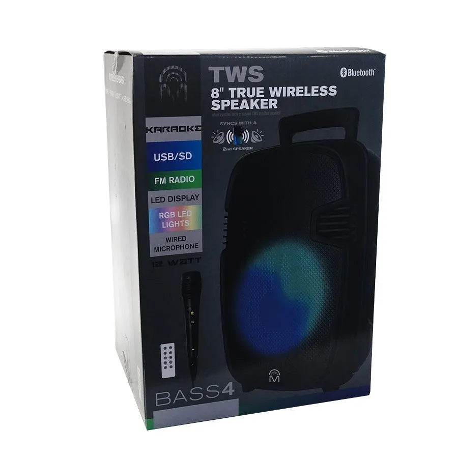Haut-parleur sans fil Bluetooth BASS4 avec jeux de lumières RVB et microphone