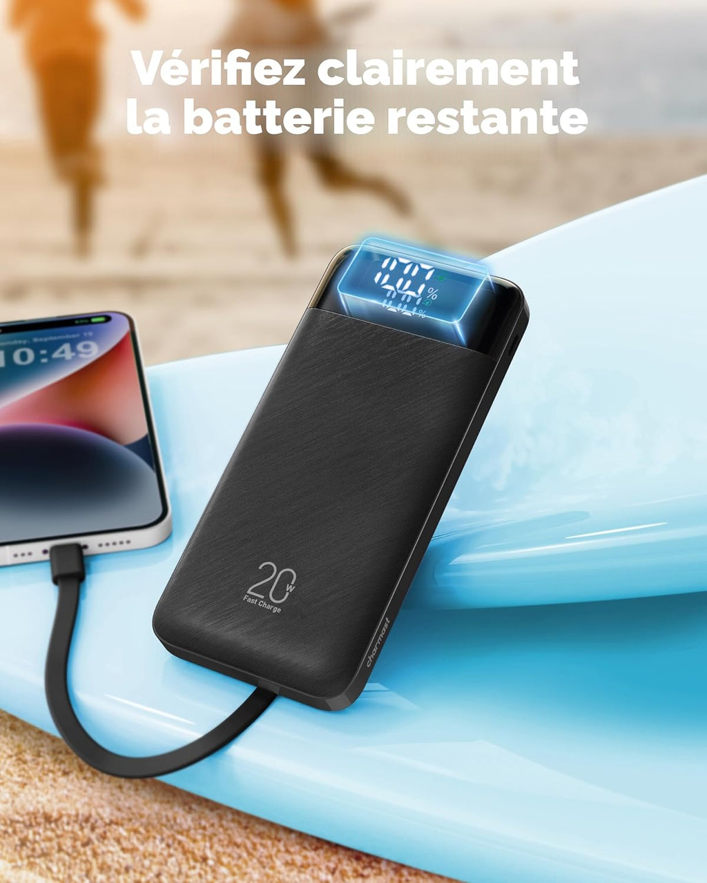 Charmast Batterie externe avec câbles intégrés, 20 000 mAh USB C, 5 sorties
