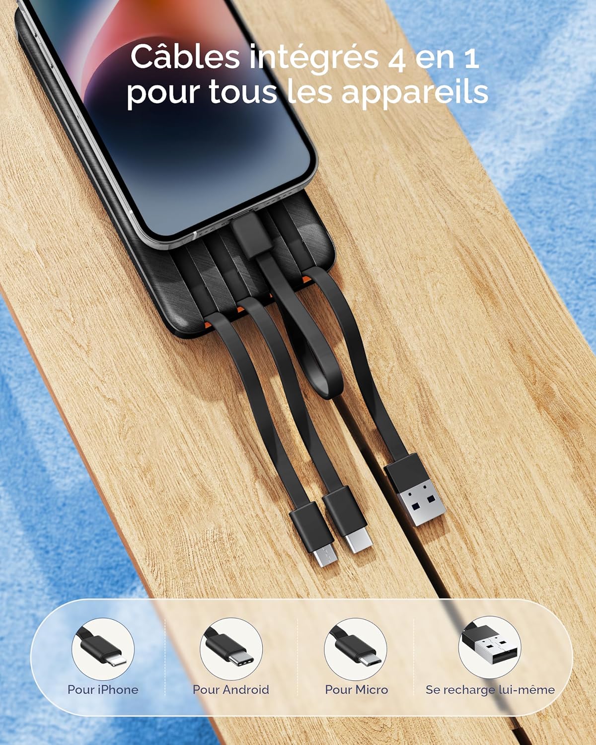 Charmast Batterie externe avec câbles intégrés, 20 000 mAh USB C, 5 sorties