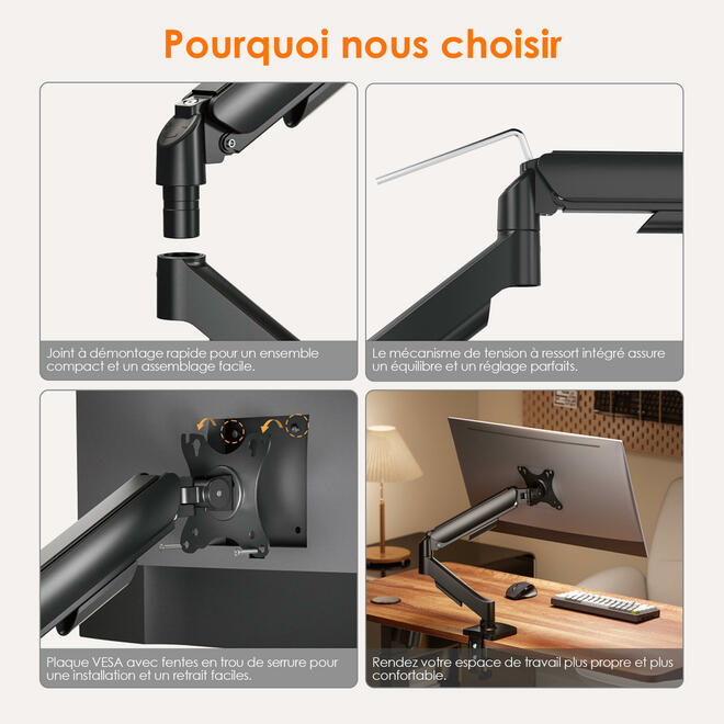 Support de bureau à ressort à gaz réglable ergonomique pour moniteurs LCD 17"-32