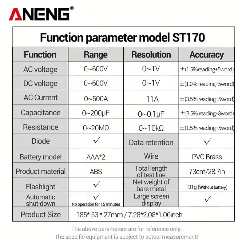 ANENG ST170 Multimètre numérique à pince 500A Courant alternatif