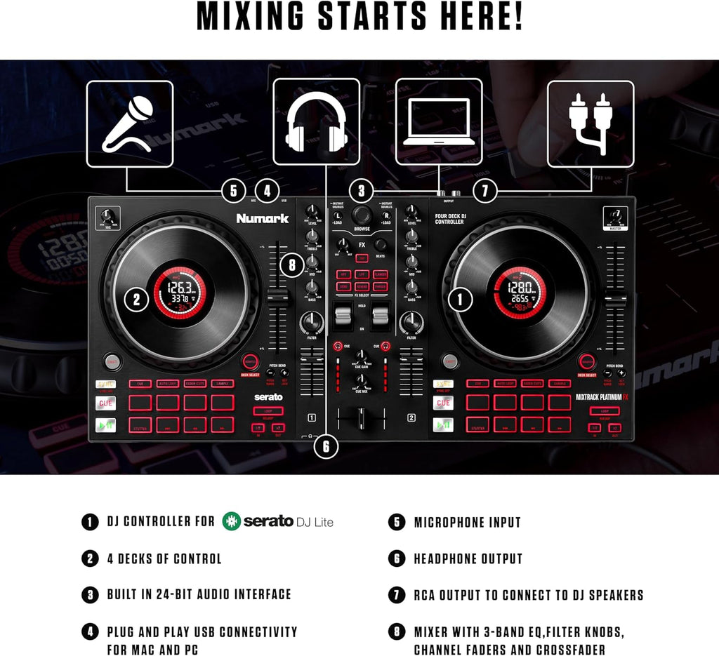 Numark Mixtrack Platinum FX – Contrôleur DJ pour Serato DJ avec contrôle 4 platine