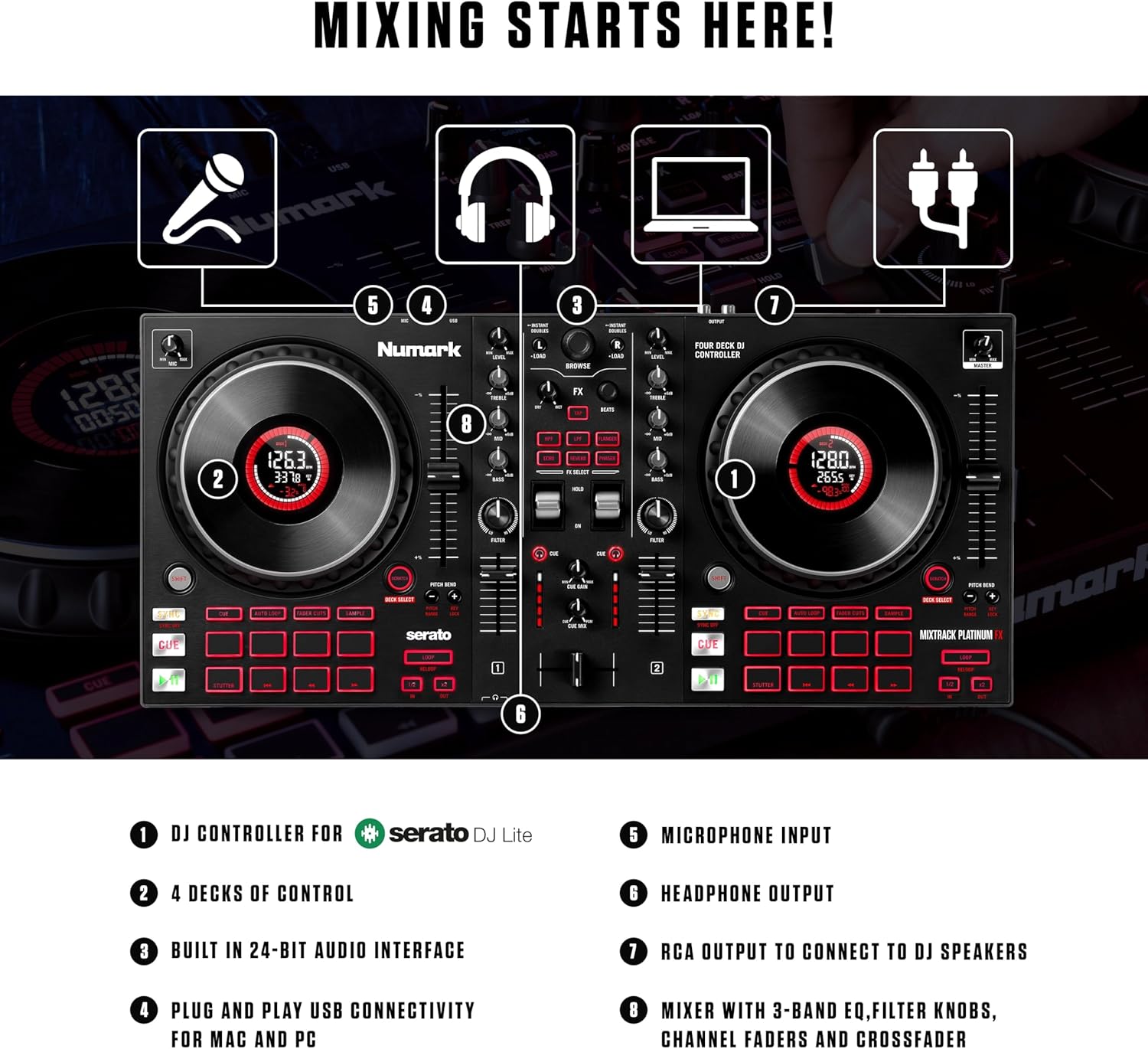 Numark Mixtrack Platinum FX – Contrôleur DJ pour Serato DJ avec contrôle 4 platine