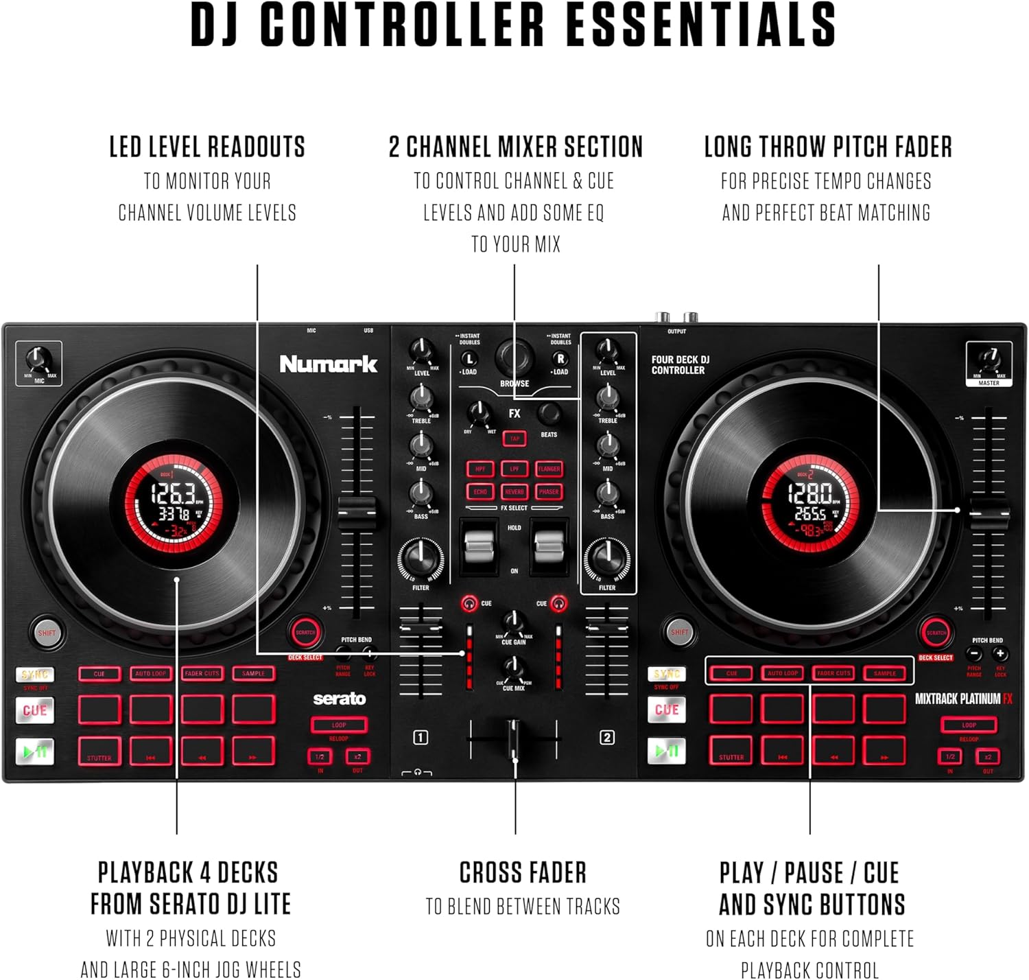 Numark Mixtrack Platinum FX – Contrôleur DJ pour Serato DJ avec contrôle 4 platine