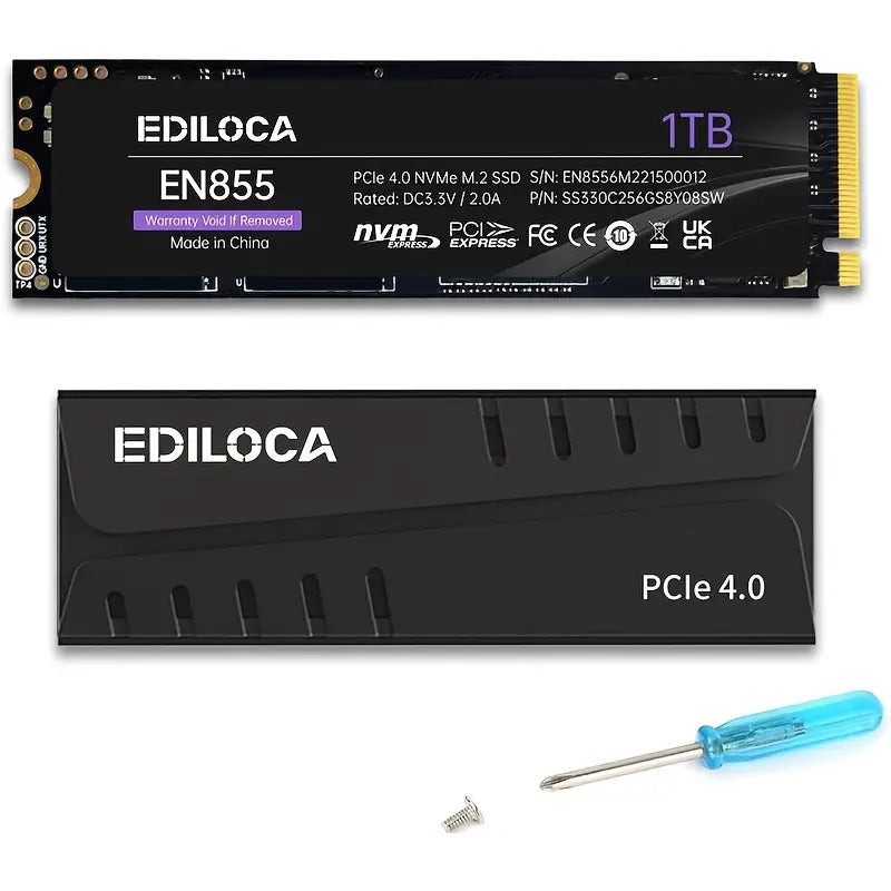 EDILOCA EN855 SSD de jeu interne avec dissipateur thermique PCIe Gen4, jusqu'à 7400 Mo/s, NVMe M.2 2280, mémoire flash 3D TLC NAND, cache DRAM configurable, compatible avec PS5 et PC