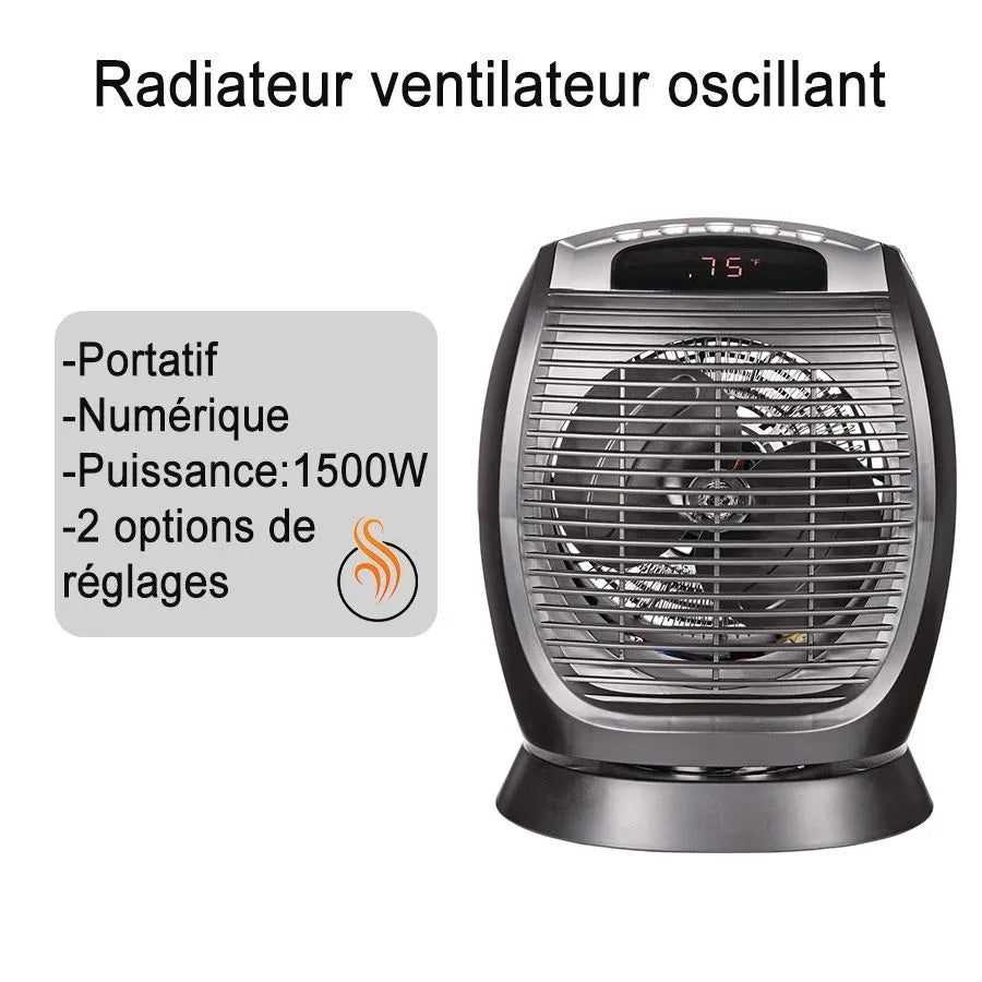 Radiateur ventilateur oscillant numérique avec thermostat - 1500W