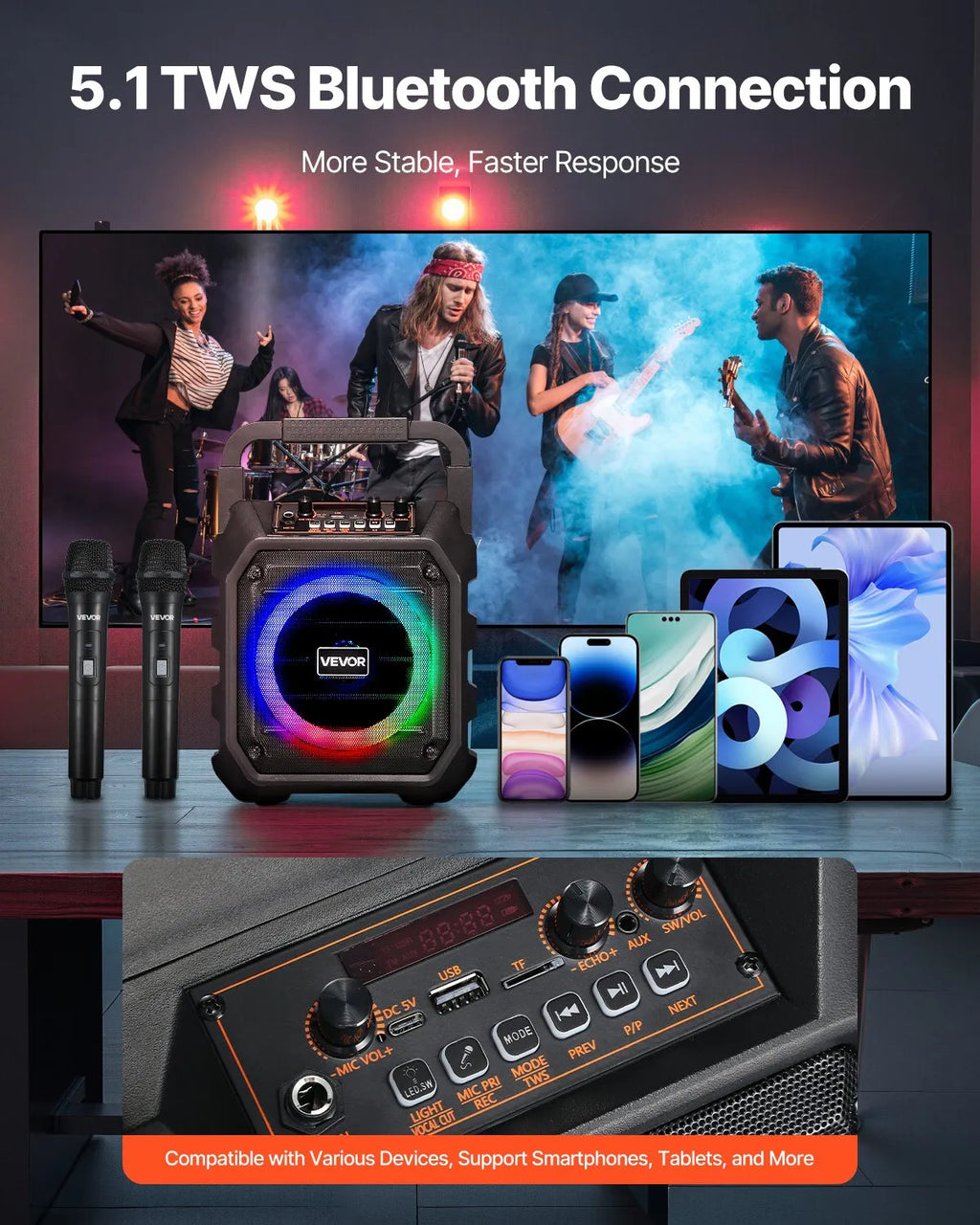 Machine de karaoké pour adultes, 20 W, enceinte Bluetooth portable de 6,5 pouces avec 2 microphones sans fil, lumière LED,