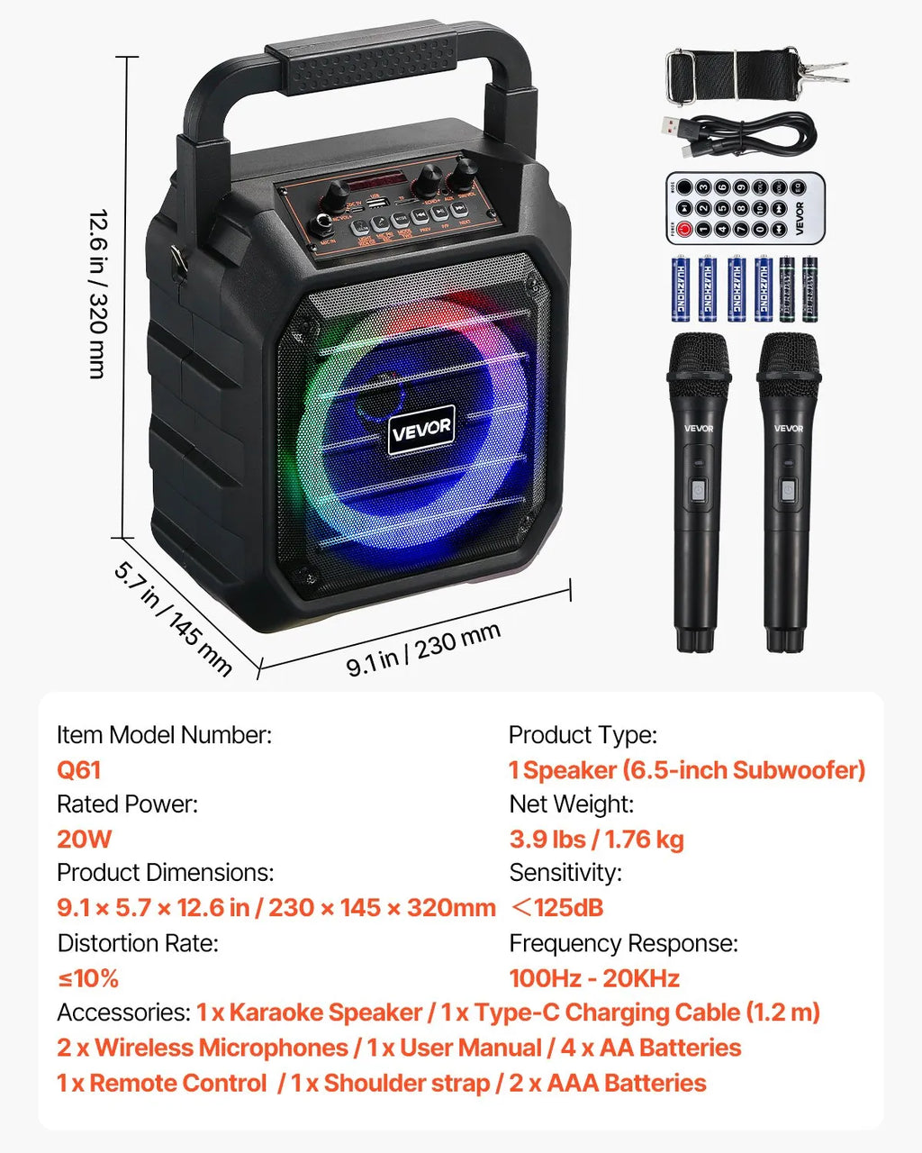 Machine de karaoké pour adultes, 20 W, enceinte Bluetooth portable de 6,5 pouces avec 2 microphones sans fil, lumière LED,