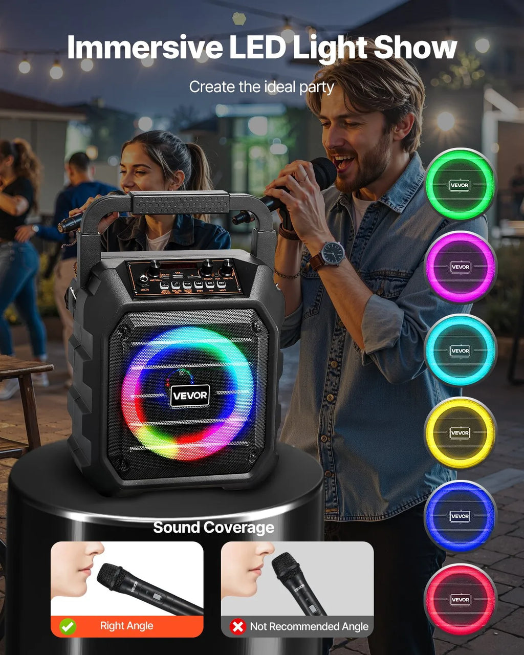 Machine de karaoké pour adultes, 20 W, enceinte Bluetooth portable de 6,5 pouces avec 2 microphones sans fil, lumière LED,