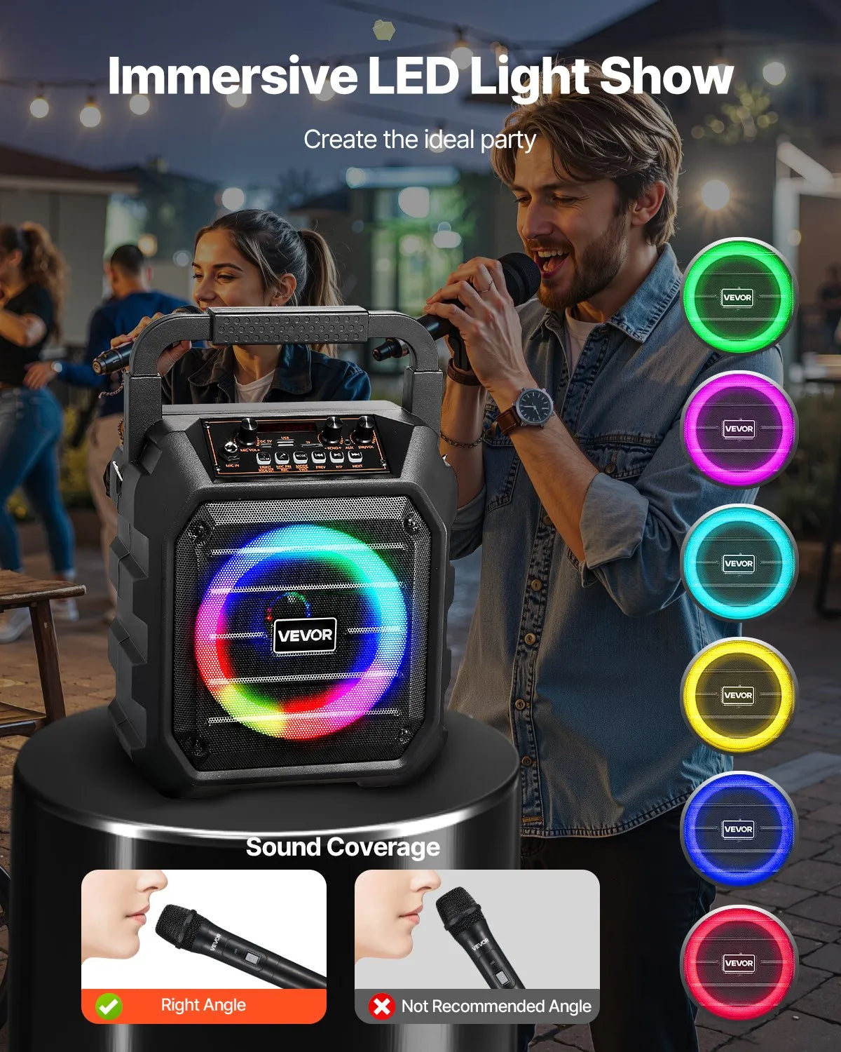 Machine de karaoké pour adultes, 20 W, enceinte Bluetooth portable de 6,5 pouces avec 2 microphones sans fil, lumière LED,