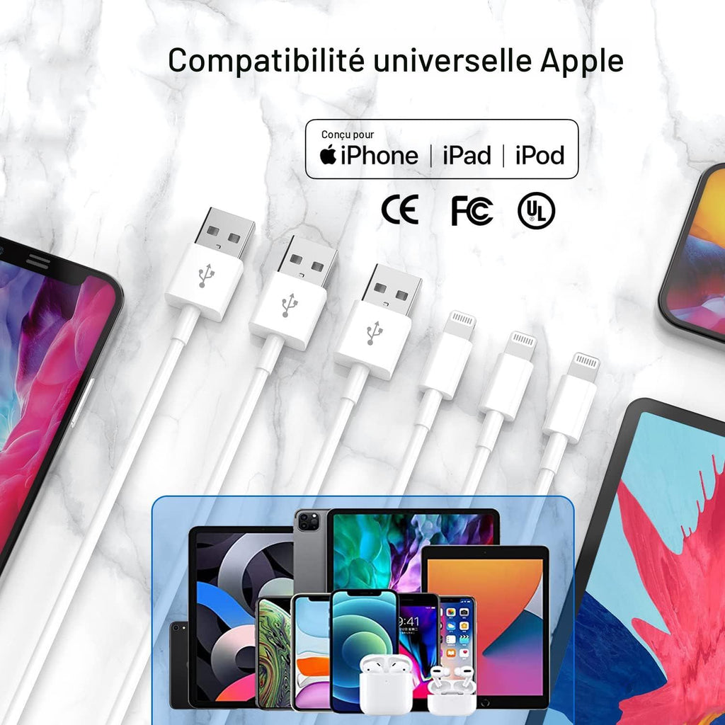 Câble de charge rapide pour iPhone 13 13 Pro 12 Pro 11 SE Max XS XR X, iPad Mini Air, iPod, AirPod