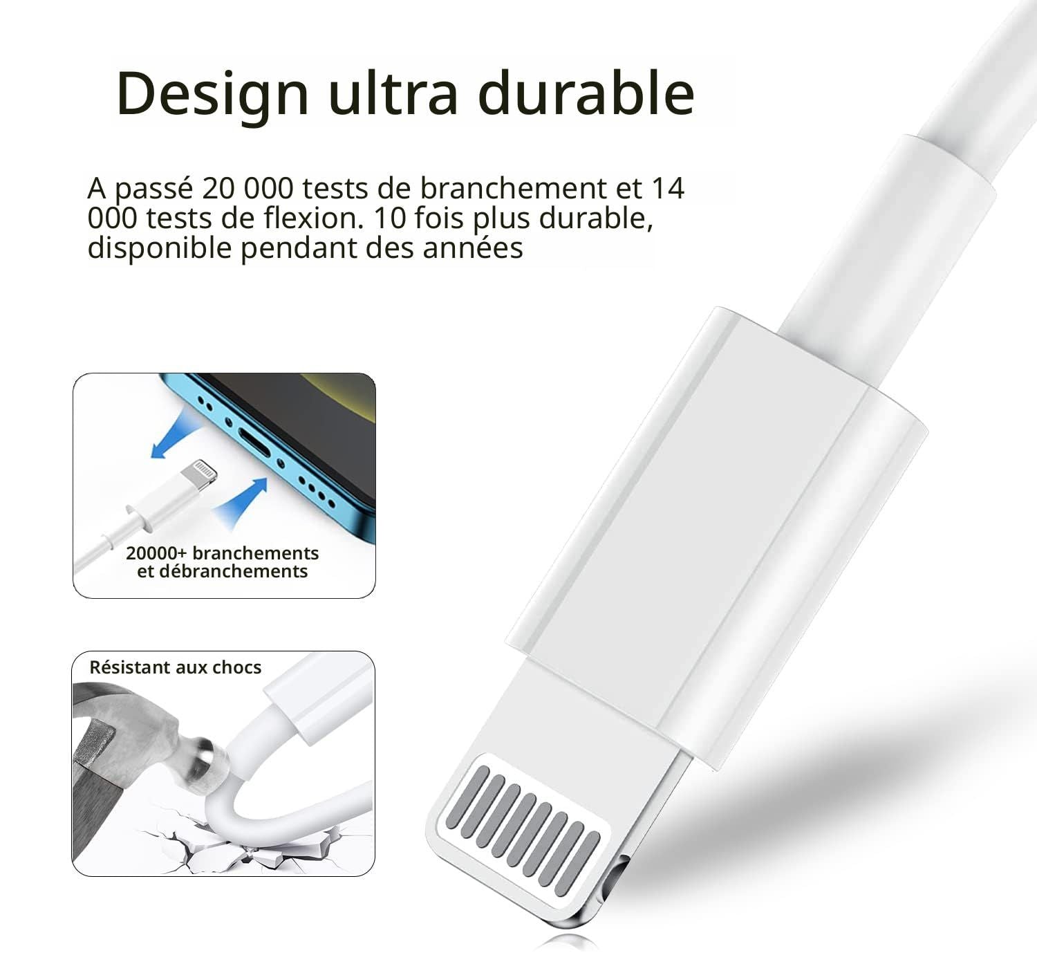 Câble de charge rapide pour iPhone 13 13 Pro 12 Pro 11 SE Max XS XR X, iPad Mini Air, iPod, AirPod