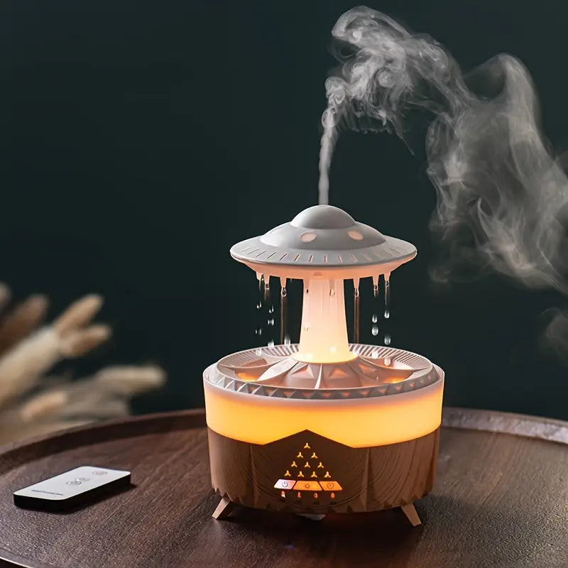Machine d'aromathérapie en forme de goutte de pluie UFO - Lumière d'ambiance colorée, simule les gouttes de pluie, capacité de 11.83 oz, télécommande, trois options de couleur, diffuseur d'huiles