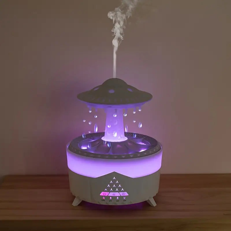 Machine d'aromathérapie en forme de goutte de pluie UFO - Lumière d'ambiance colorée, simule les gouttes de pluie, capacité de 11.83 oz, télécommande, trois options de couleur, diffuseur d'huiles