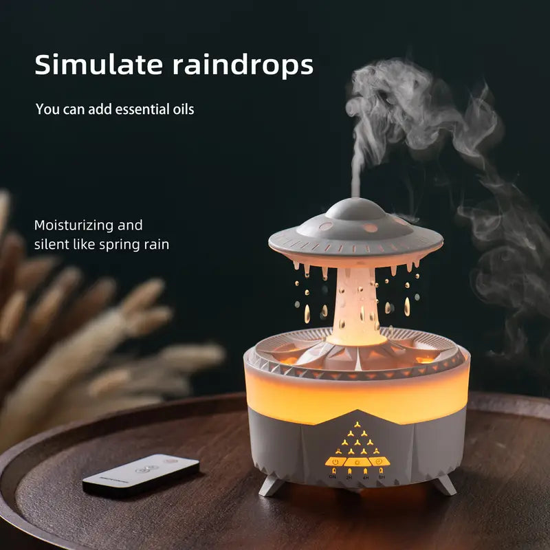 Machine d'aromathérapie en forme de goutte de pluie UFO - Lumière d'ambiance colorée, simule les gouttes de pluie, capacité de 11.83 oz, télécommande, trois options de couleur, diffuseur d'huiles