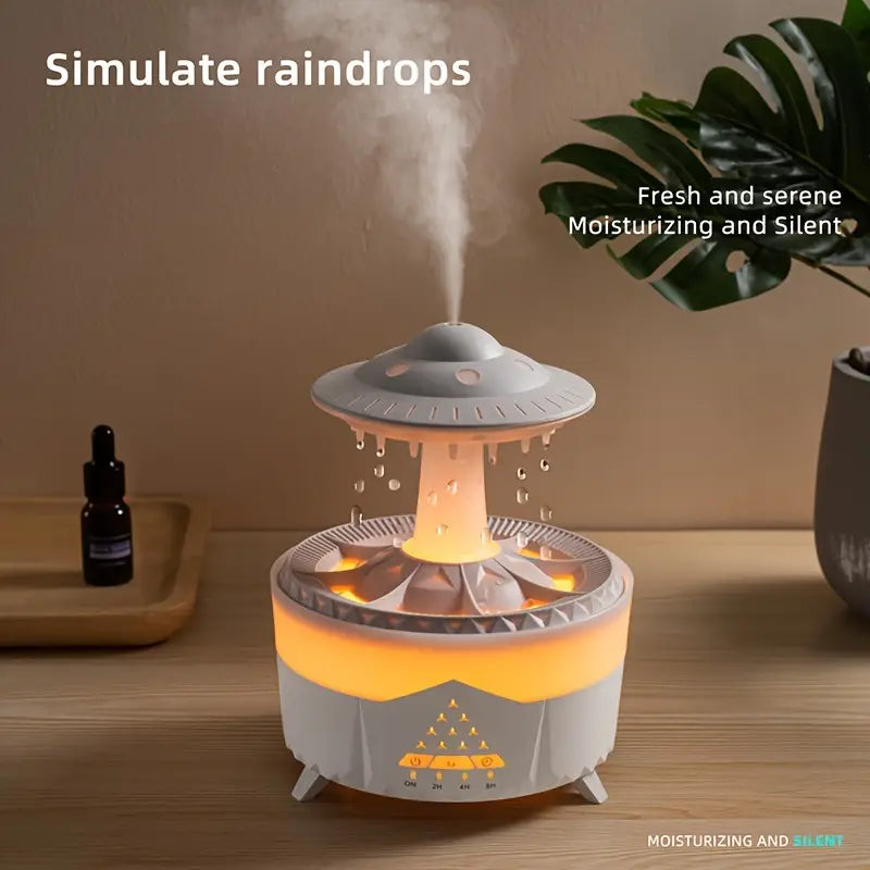 Machine d'aromathérapie en forme de goutte de pluie UFO - Lumière d'ambiance colorée, simule les gouttes de pluie, capacité de 11.83 oz, télécommande, trois options de couleur, diffuseur d'huiles