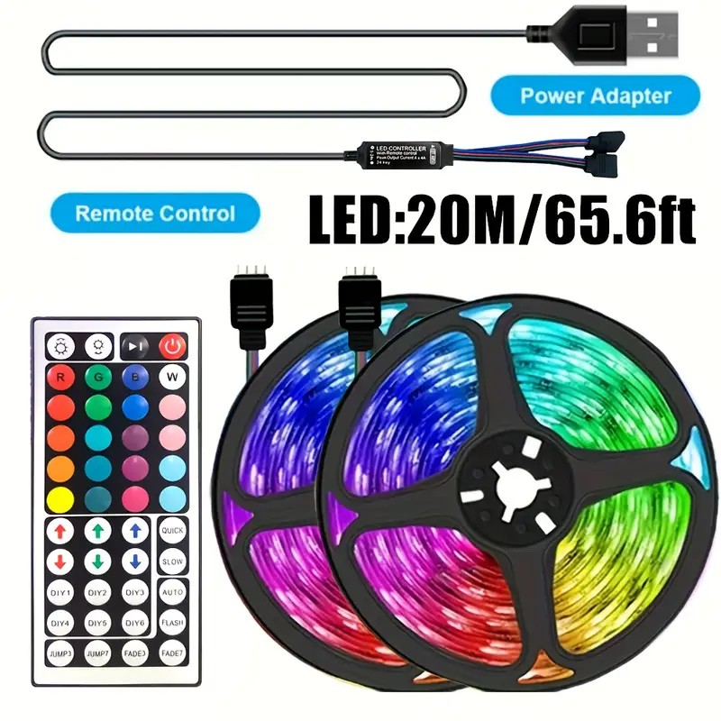 Bandes LED intelligentes à contrôle sans fil avec télécommande infrarouge, éclairage RGB décoratif pour salon et ambiance lumineuse flexible 65,6 Pieds/20 Mètres