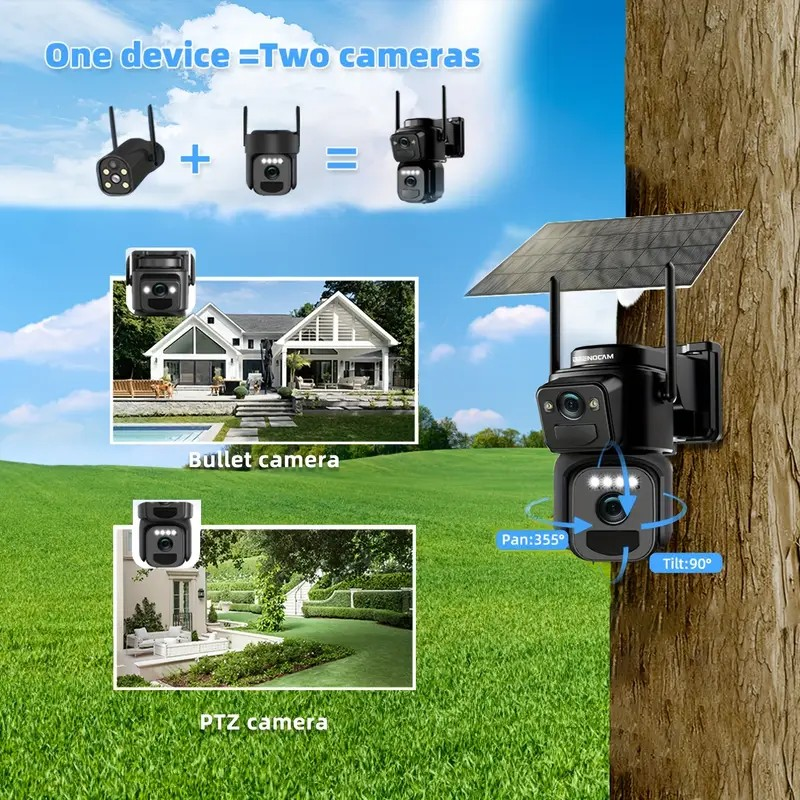 Caméra de Sécurité Solaire BEENOCAM avec Zoom 10x, Projecteur, Détection de Mouvement, Vision Nocturne en Couleur, Audio Bidirectionnel - Comprend des Caméras Bullet et PTZ WiFi 2K FHD, Support Mural,