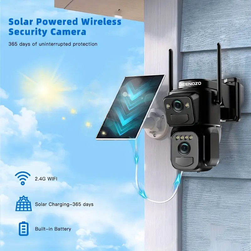Caméra de Sécurité Solaire BEENOCAM avec Zoom 10x, Projecteur, Détection de Mouvement, Vision Nocturne en Couleur, Audio Bidirectionnel - Comprend des Caméras Bullet et PTZ WiFi 2K FHD, Support Mural,