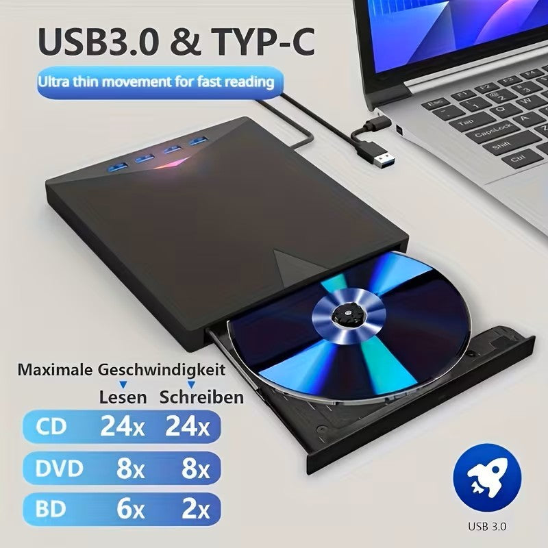 Lecteur et graveur CD/DVD portable - Clé USB C externe avec lecteur de carte SD, Hub USB 3.0 Type C